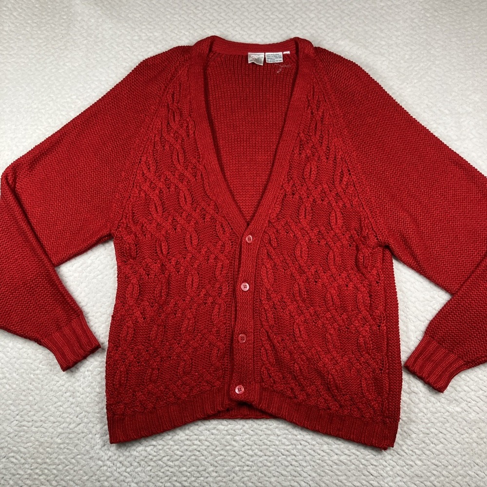 Go Silk For L' Zinger 100% Silk Cable Knit Cardigan Sweater‎ Large Red